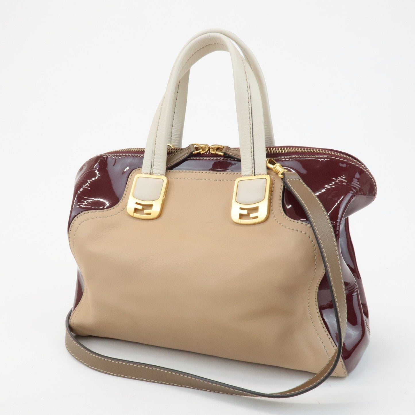FENDI Chameleon Leather 2WAY Bag Hand Bag Beige Bordeaux 8BL114  d