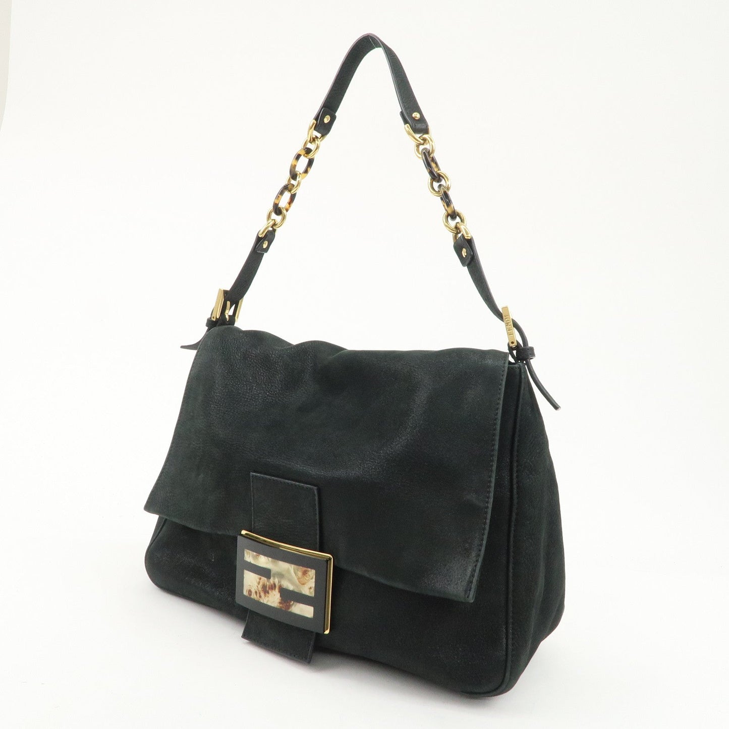 FENDI Mamma Baguette Leather Chain Shoulder Bag Gold Black 8BR638  d