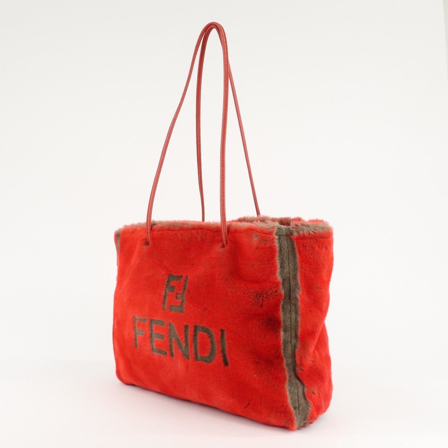 FENDI Leather Fake Fur Shoulder Bag Tote Bag Red  d