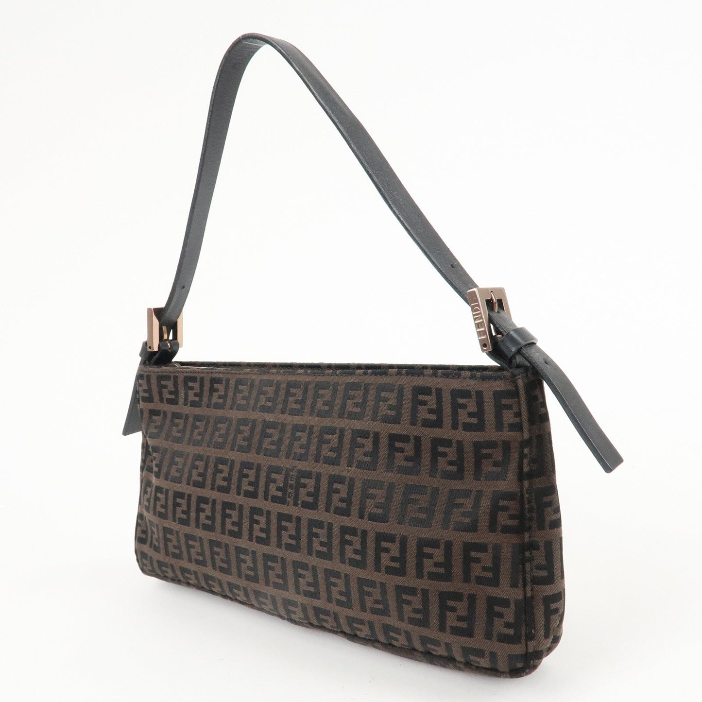 FENDI Zucchino Canvas Leather Shoulder Bag Dark Brown Black 8BR042  d