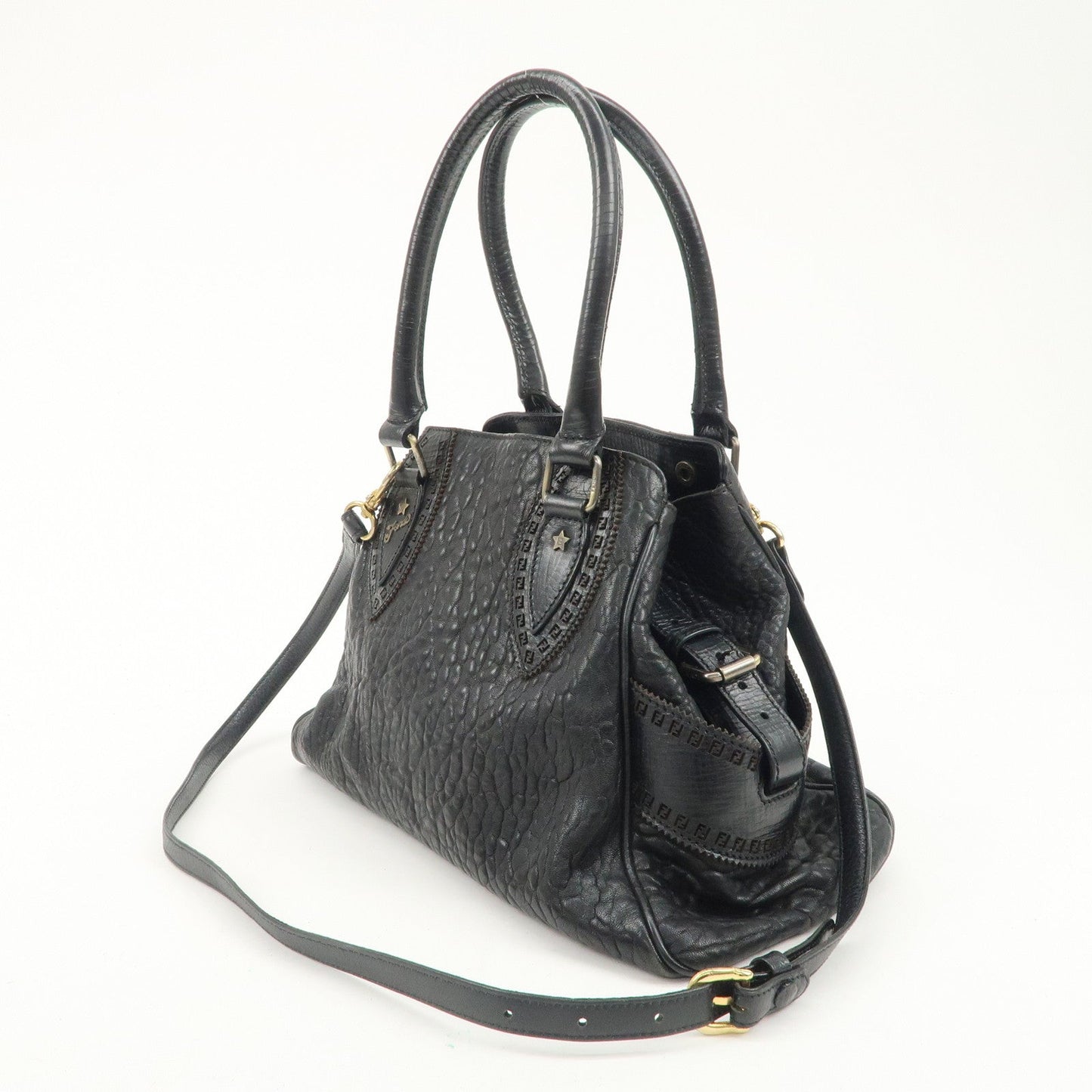 FENDI Ethnico Zucca Canvas Leather Shoulder Bag Black 8BN157  d