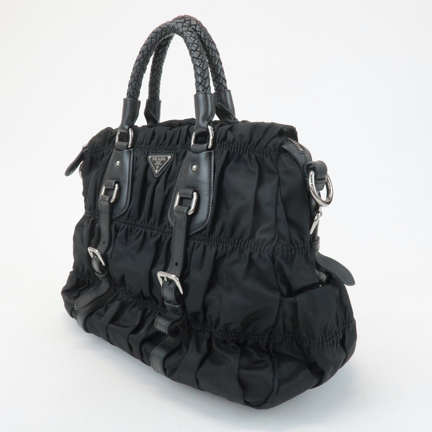 PRADA Logo Leather Gathered 2Way Hand Bag Black BN1336  d