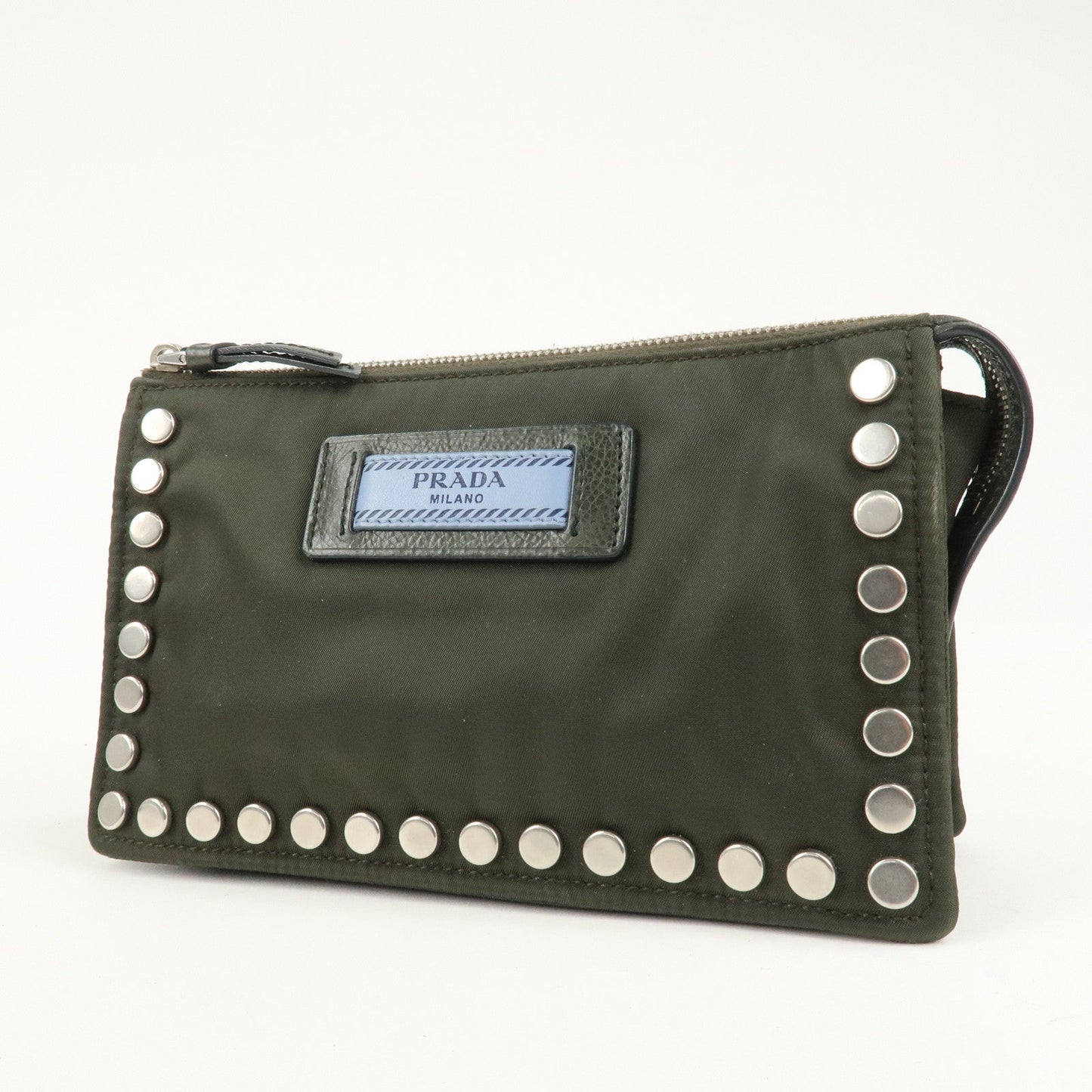 PRADA Tessuto Travel Pouch Studs Military Silver HDW  d