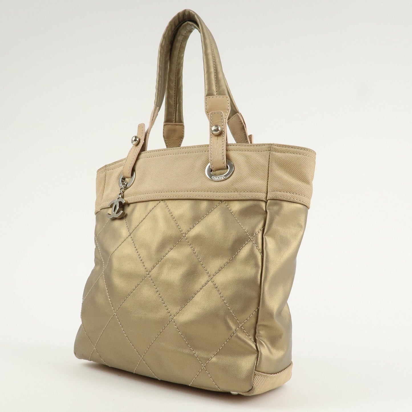 CHANEL Paris Biarritz Coating Canvas Leather Tote Bag PM Gold  d