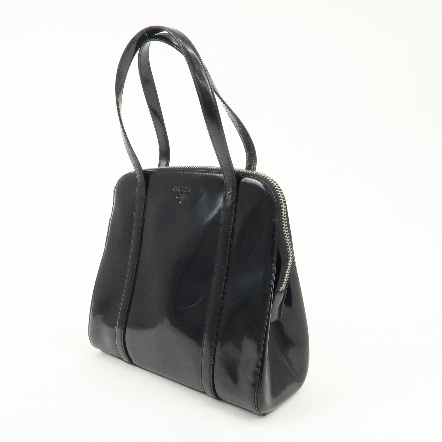 PRADA Patent Leather Tote Bag Hand Bag Black Silver HDW  d