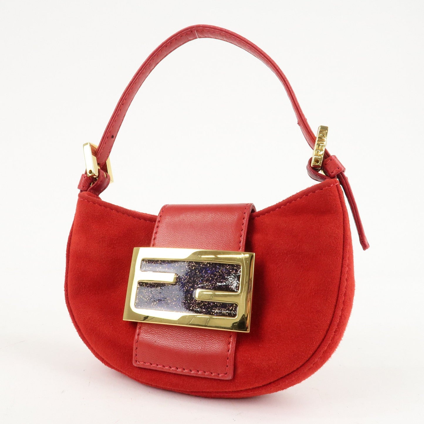 FENDI Suede Leather Mini Croissant Hand Bag Red 26673  d