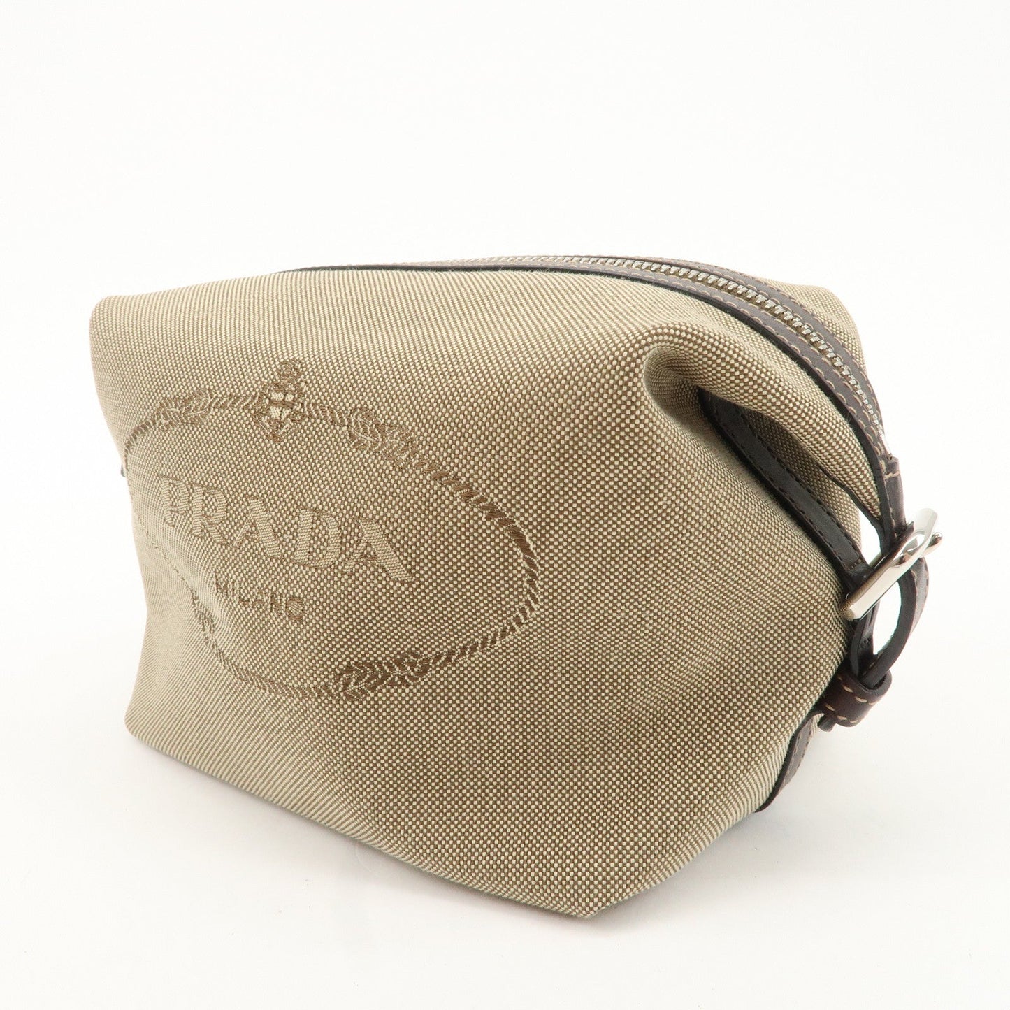 PRADA Logo Jacquard Leather Pouch Beige Brown 1N1298  d