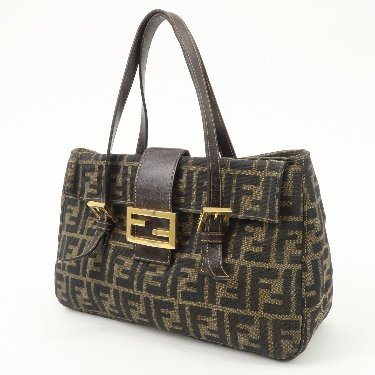 FENDI Zucca Canvas Leather Hand Bag Brown Black Gold Hardware  d