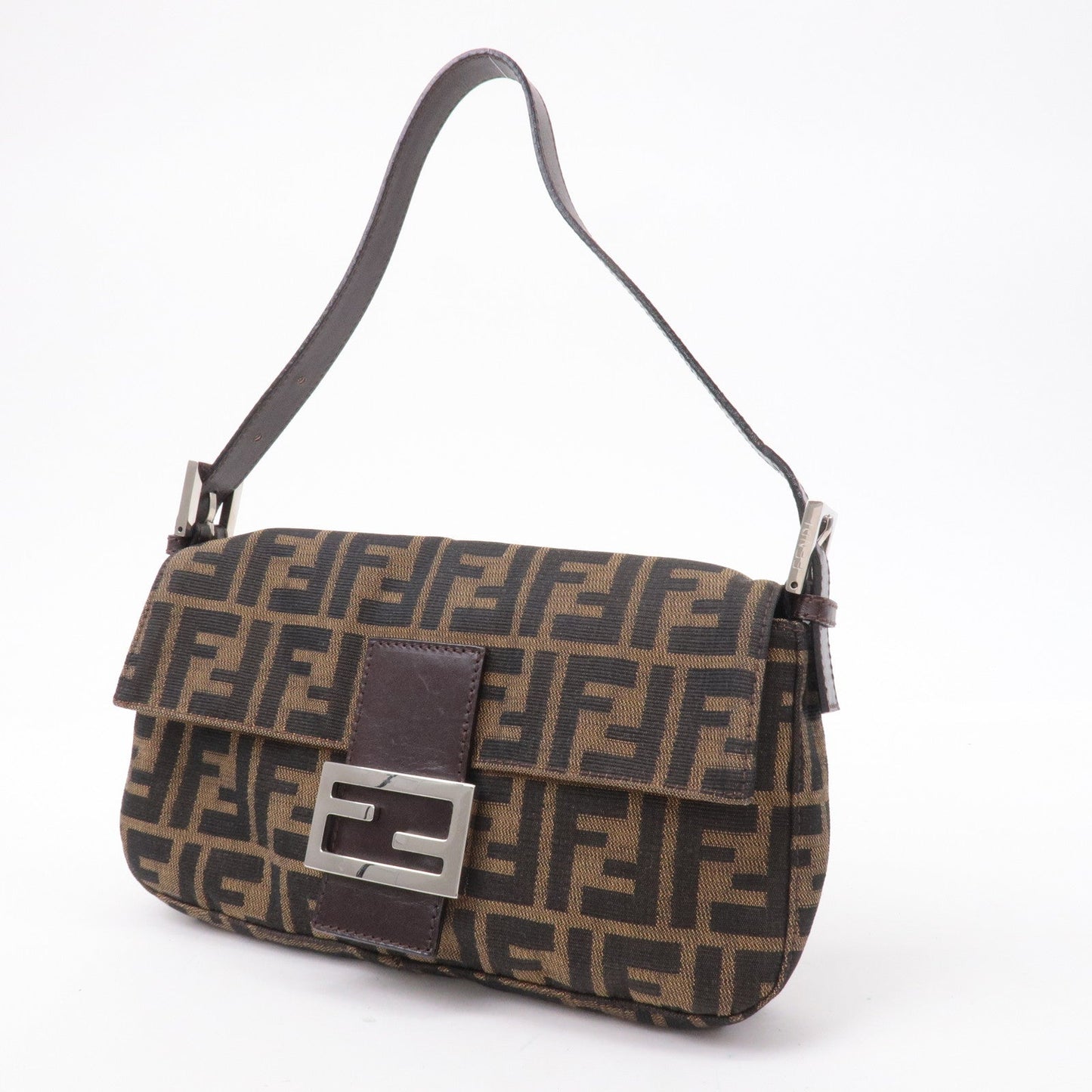 FENDI Mamma Baguette Zucca Canvas Leather Shoulder Bag Brown 26424