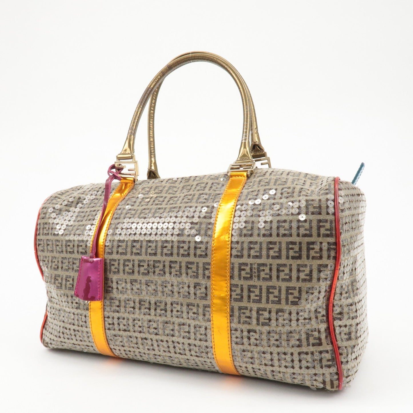 FENDI Zucchino Canvas Leather Beaded Boston Bag 8BL099  d