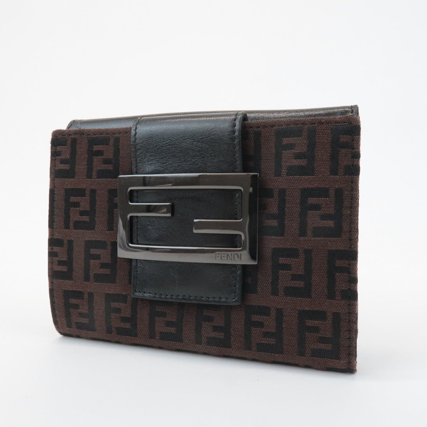 FENDI Zucca Canvas Leather Double Hook Wallet Brown Black 8M0035  d