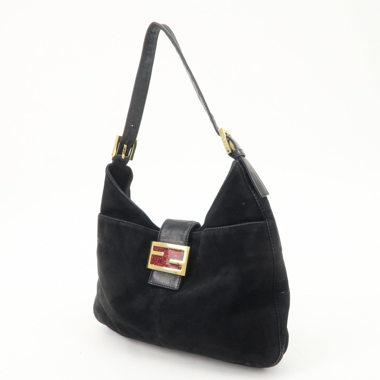 FENDI Suede Leather Shoulder Bag Black 26569  d