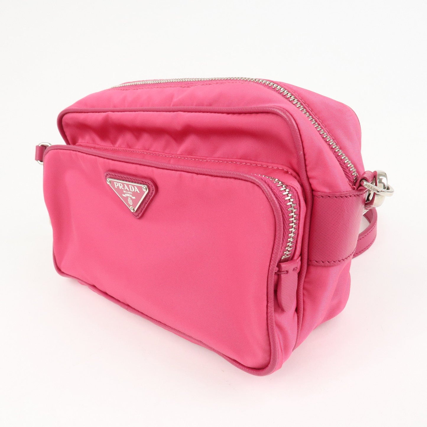 PRADA Triangle Logo Leather Shoulder Bag Pink Silver Hardware  d