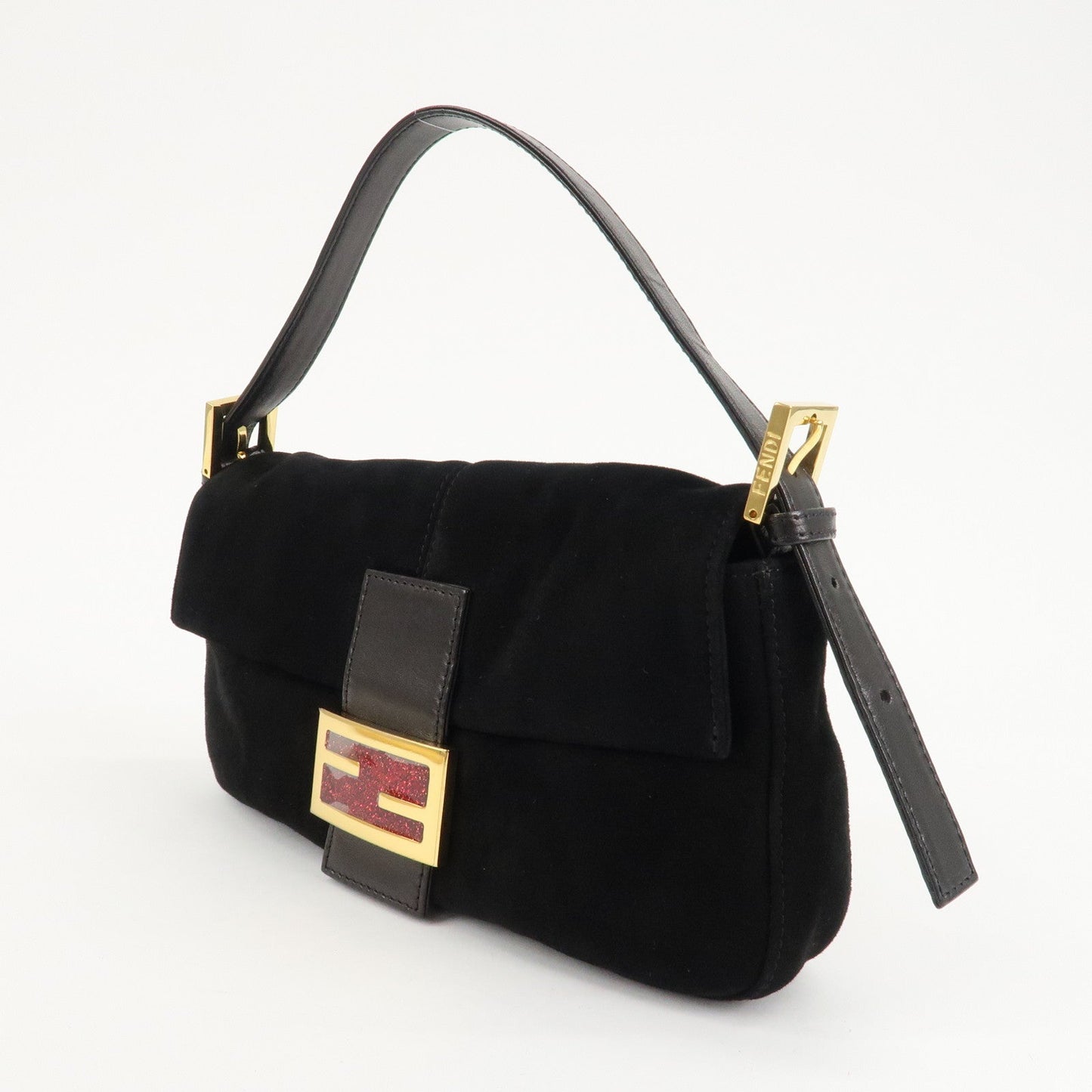 FENDI Mamma Baguette Suede Leather Shoulder Bag Black 26424  d