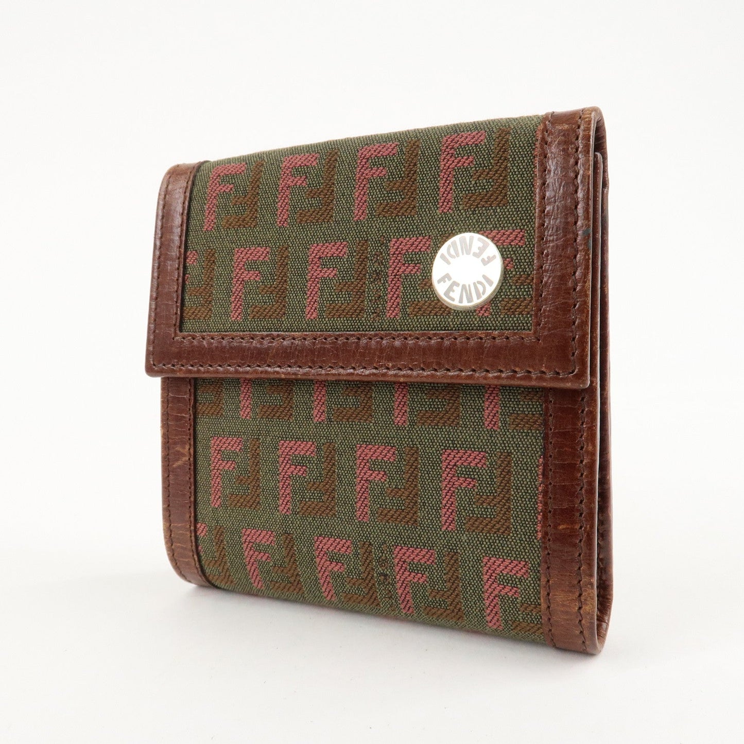 FENDI Zucchino Canvas Leather Tri-fold Wallet Khaki 8M0161  d