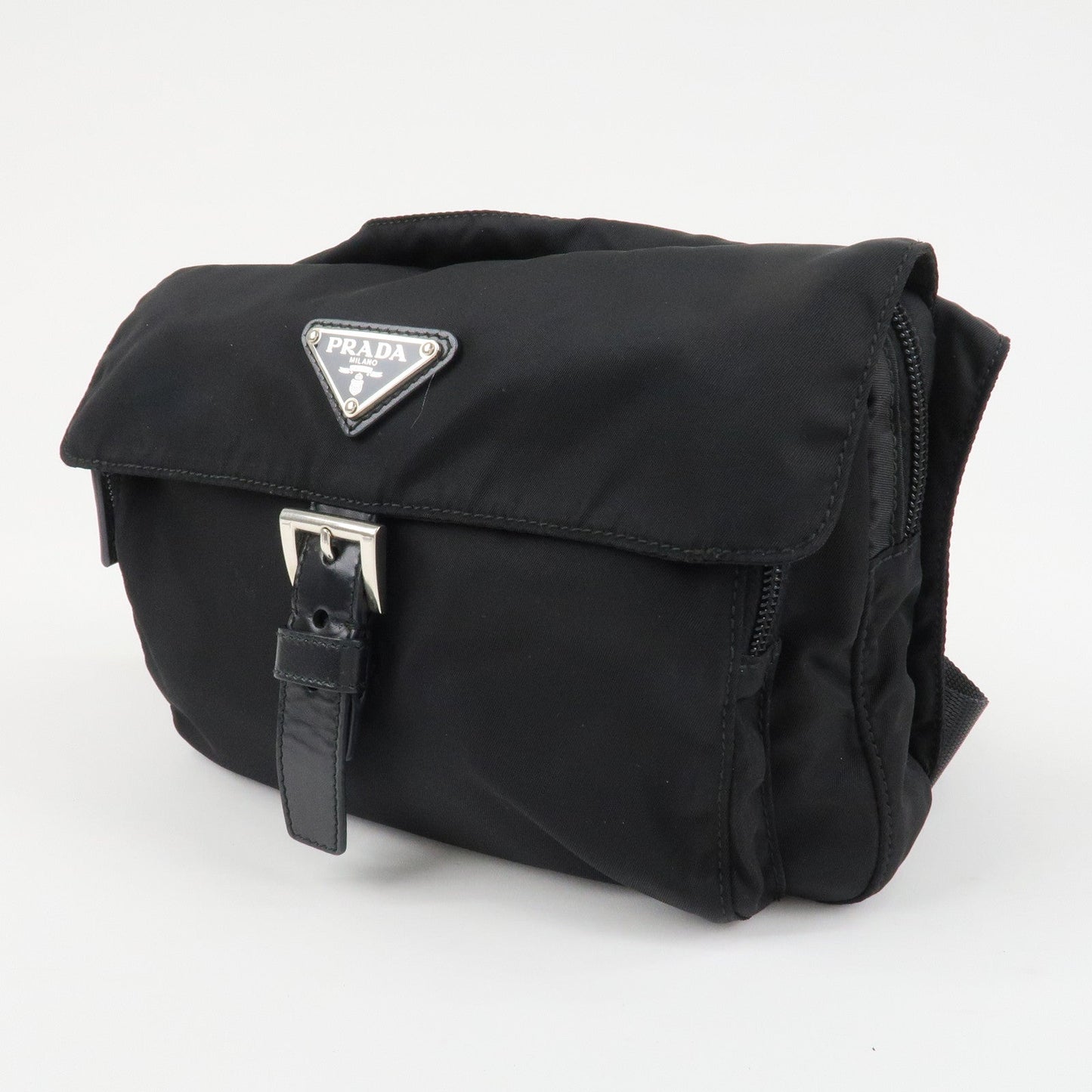 PRADA Triangle Logo Nylon Leather Shoulder Bag Black  d