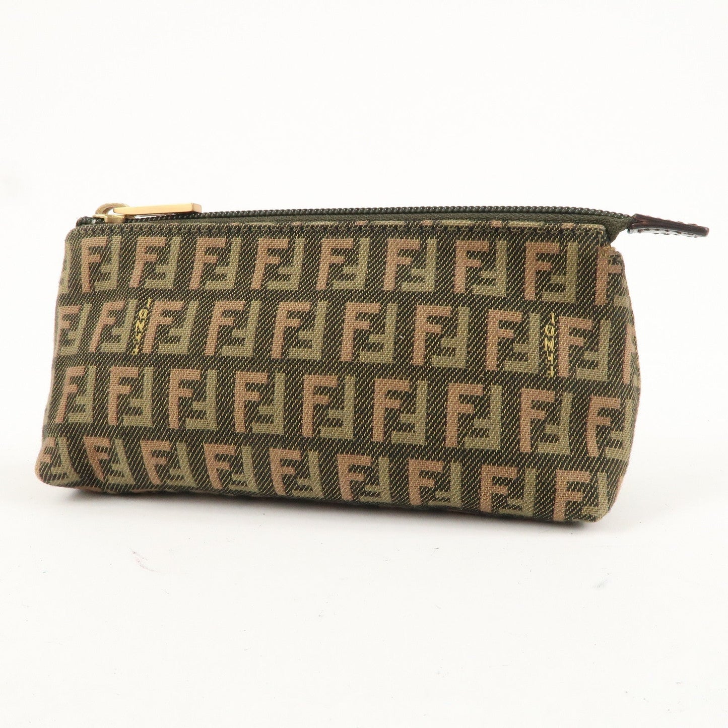 FENDI Zucchino Canvas Leather Cosmetic Pouch Khaki 7N0037