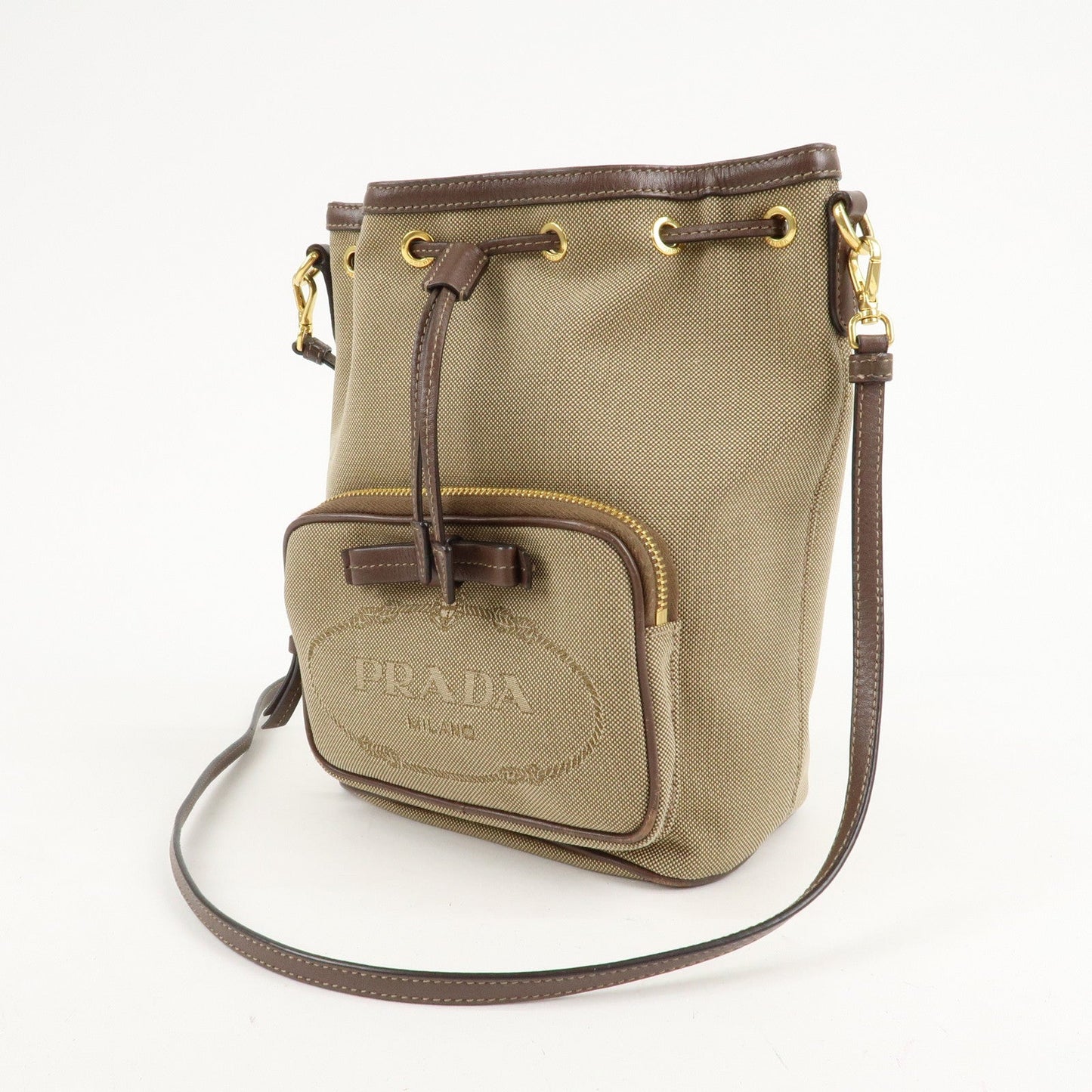 PRADA Logo Jacquard Leather Drawstring Shoulder Bag Beige 1BH038  d