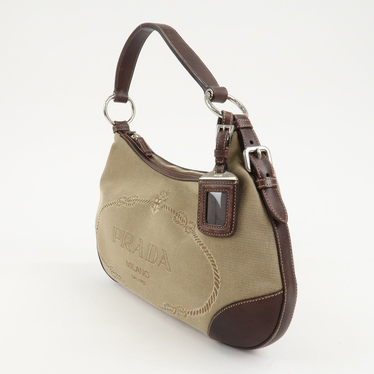 PRADA Logo Jacquard Leather Shoulder Bag Beige Brown  d