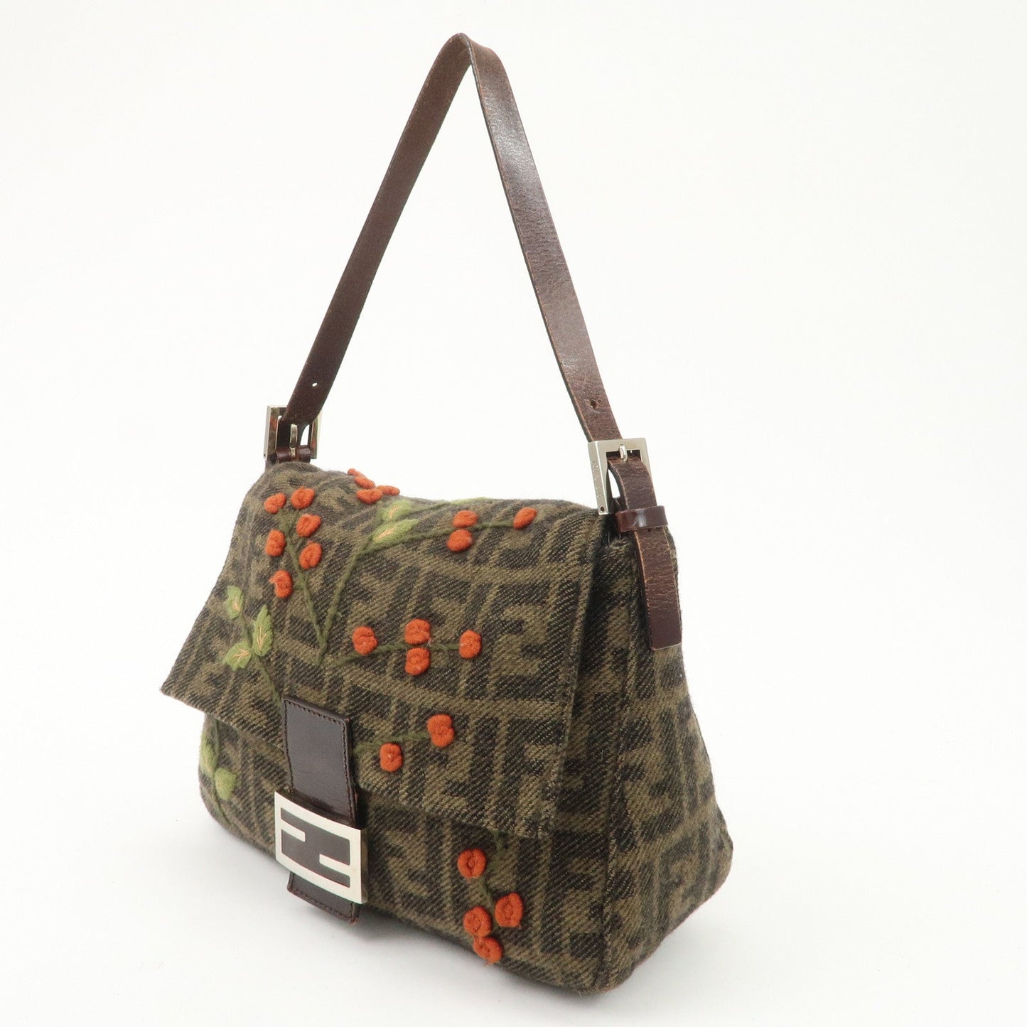FENDI Mamma Baguette Wool Leather Shoulder Bag Tree Motif Khaki  d