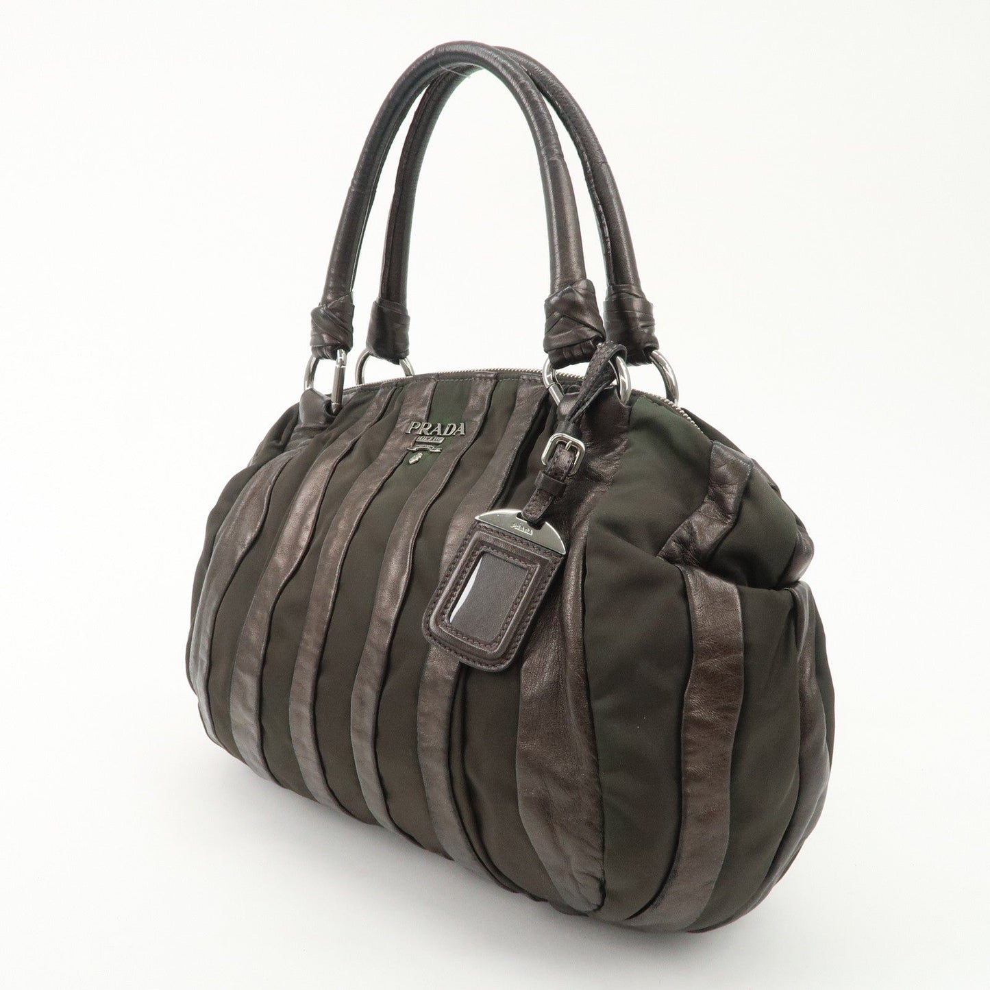 PRADA Logo Nylon Leather Stripe Tote Bag Hand Bag Brown BL0538  d