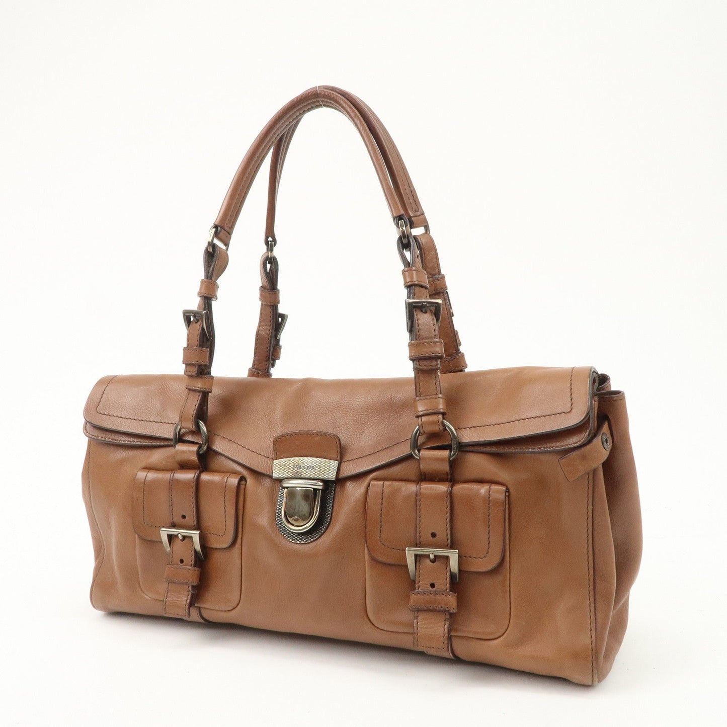 PRADA Logo Leather Shoulder Bag Hand Bag Brown Silver Hardware  d