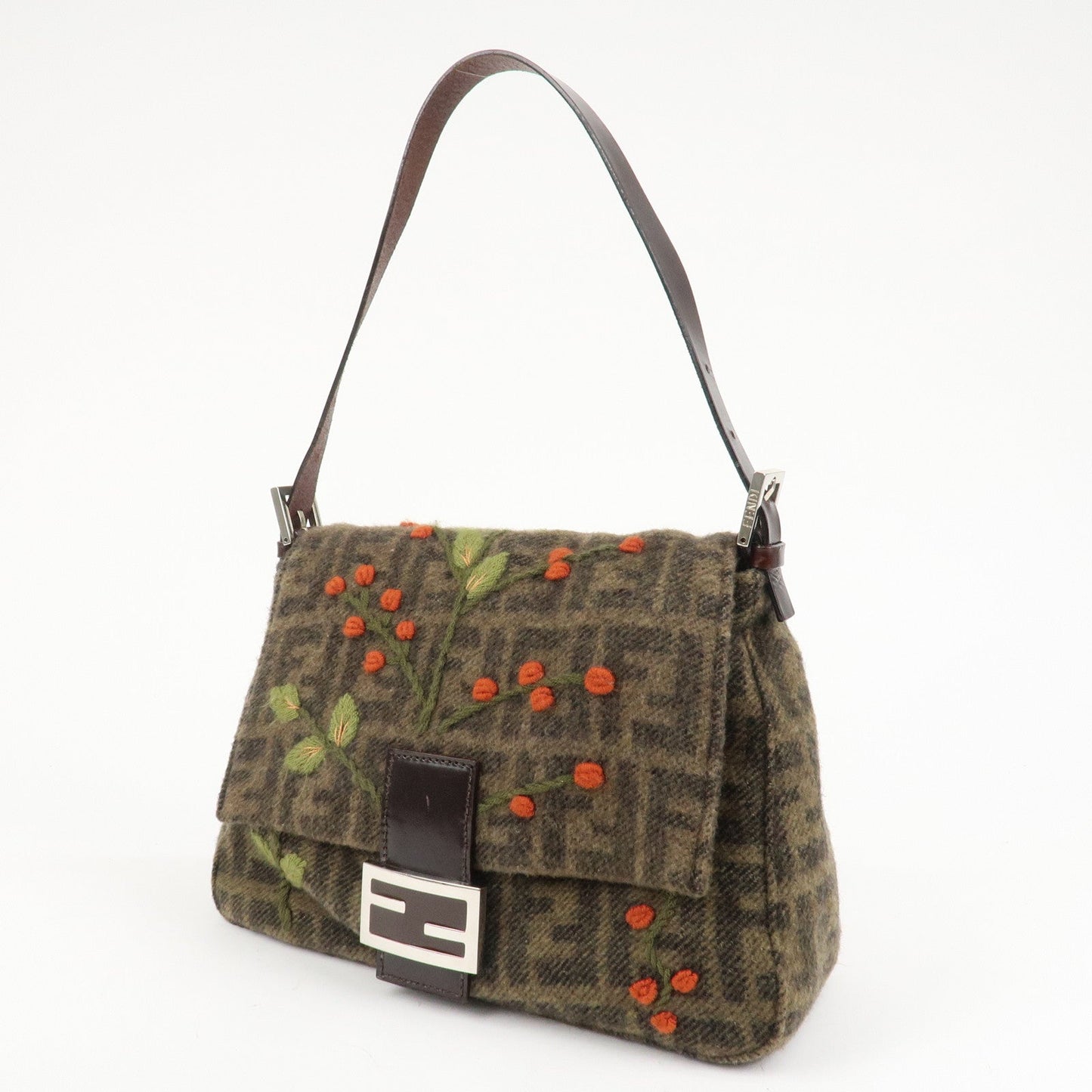 FENDI Mamma Baguette Zucca Wool Leather Shoulder Bag Flower  d