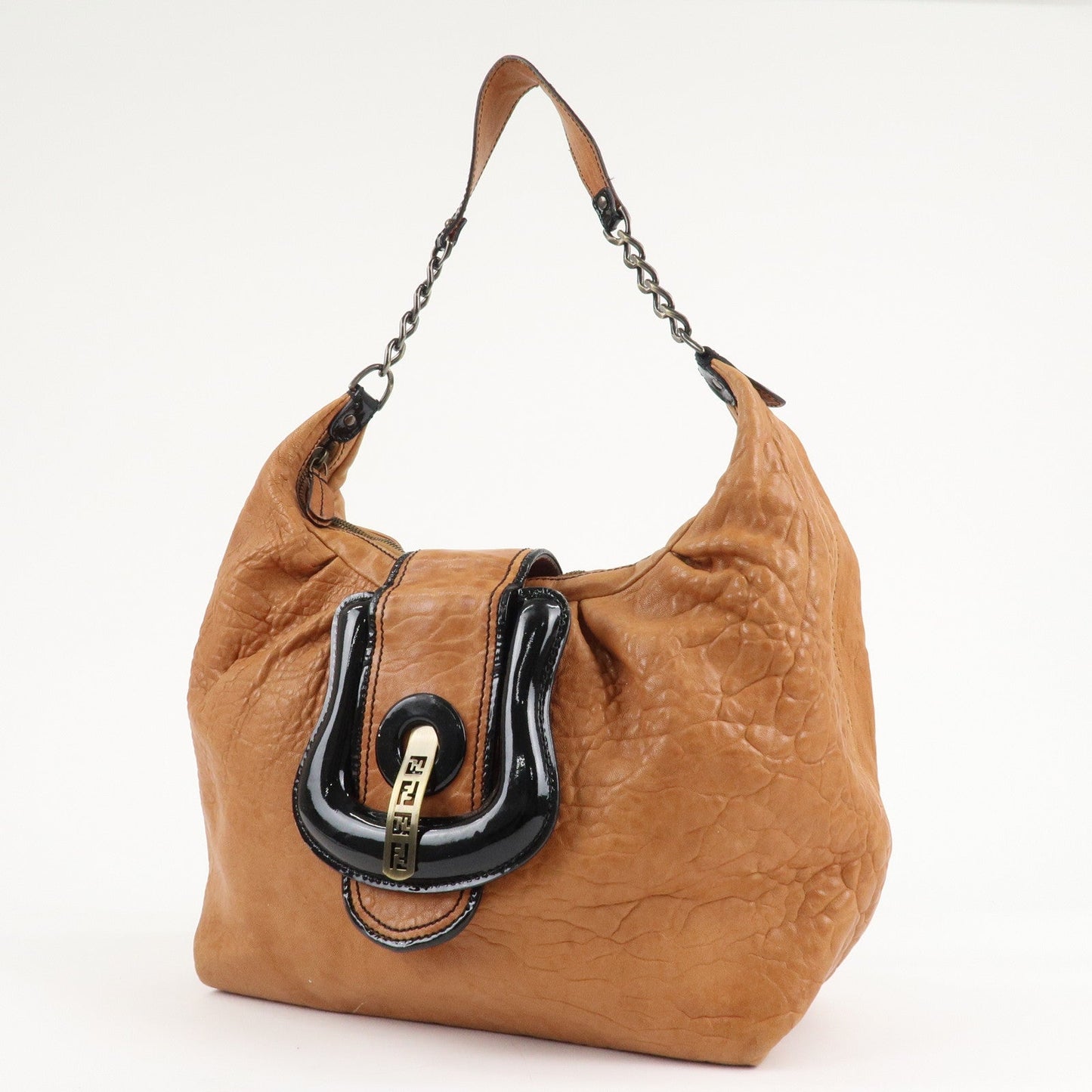 FENDI Leather Patent Leather Chain Shoulder Bag Brown 8BR563  d