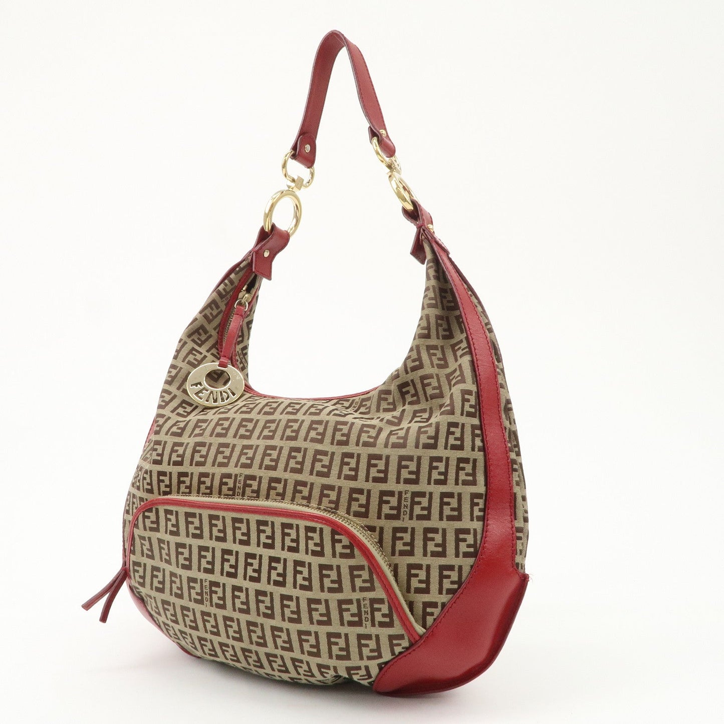 FENDI Zucchino Canvas Leather Shoulder Bag Khaki Brown Red 8BR465  d