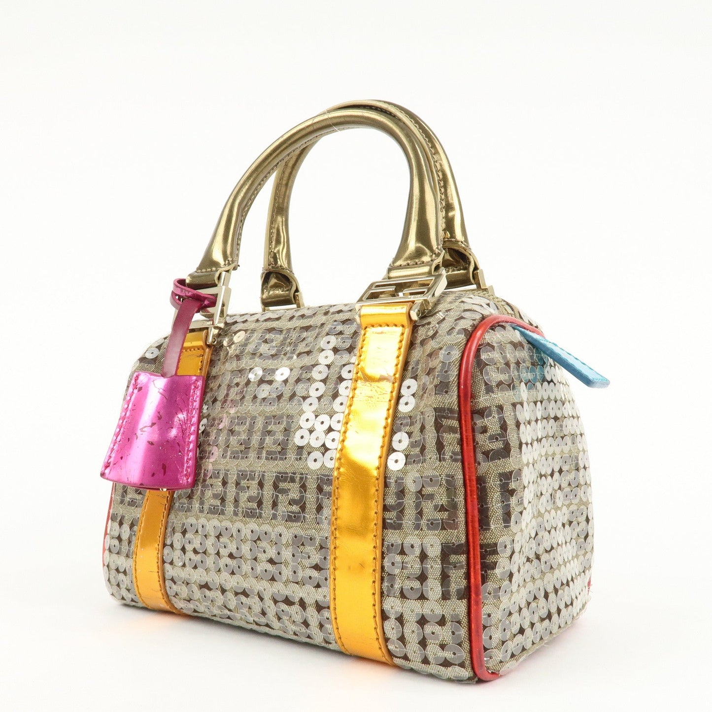 FENDI Zucchino Flip Sequin Canvas Patent Leather Boston Bag 8BL071  d