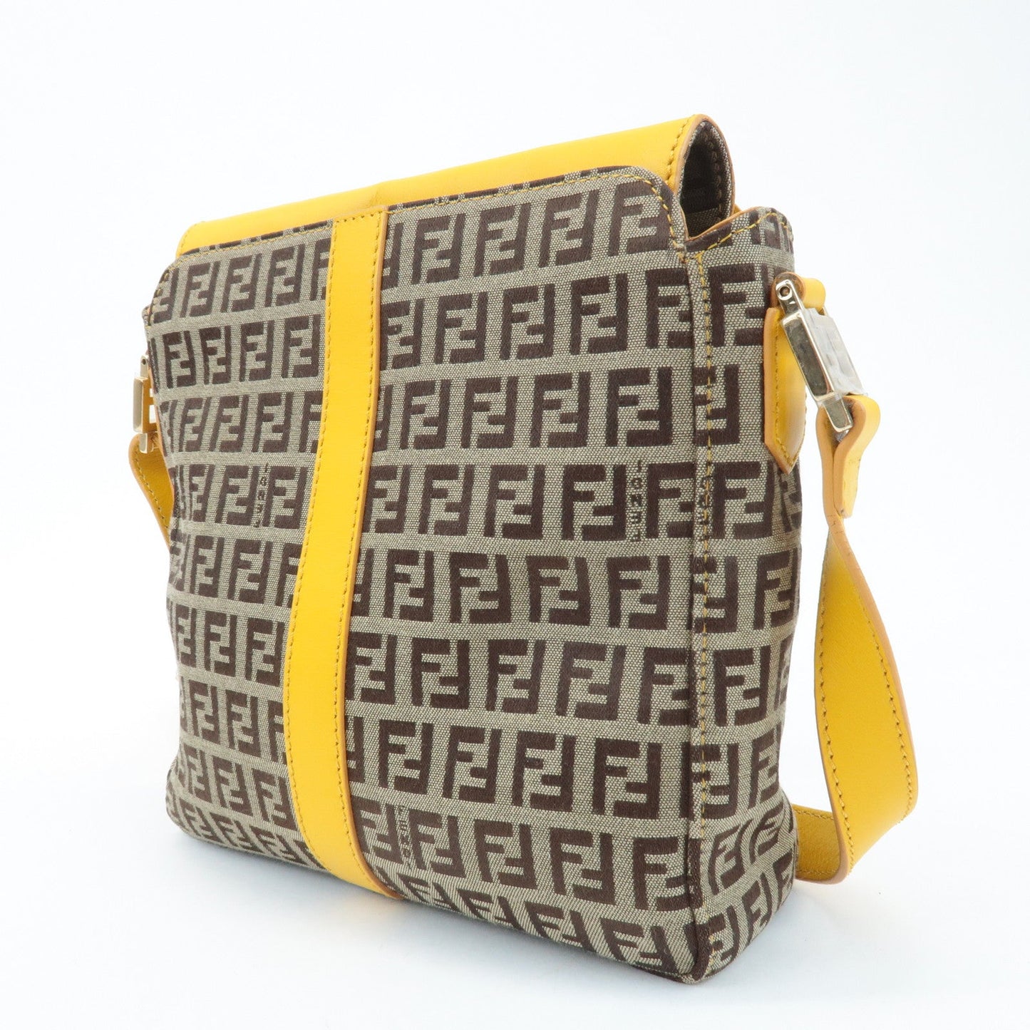 FENDI Zucchino Canvas Leather Shoulder Bag BrownYellow 8BT175  d