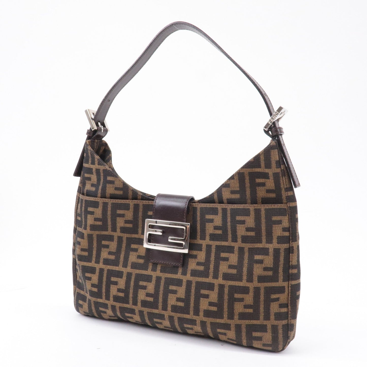 FENDI Zucca Canvas Leather Shoulder Bag Brown Black Brown