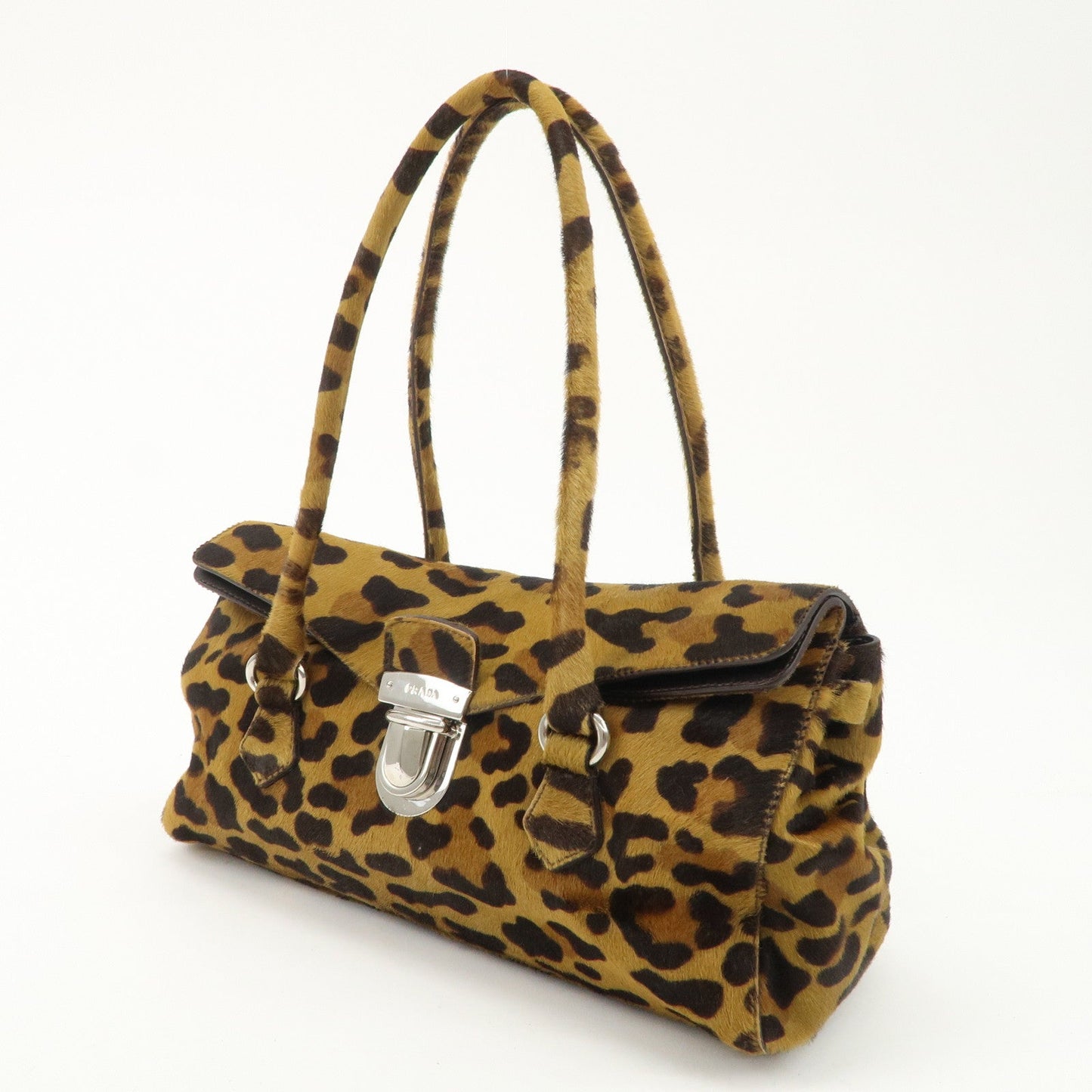 PRADA Logo Unborn Calf Leopard Shoulder Bag Hand Bag Brown  d
