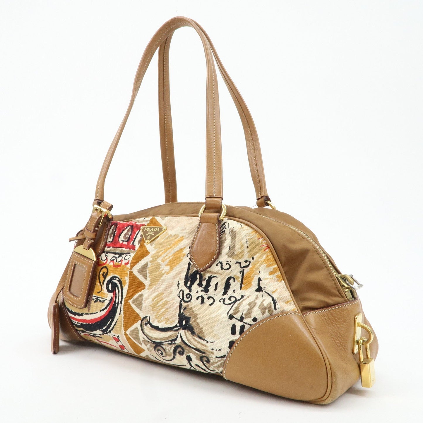 PRADA Logo Canvas Leather Nylon Shoulder Bag Boston Bag Brown  d