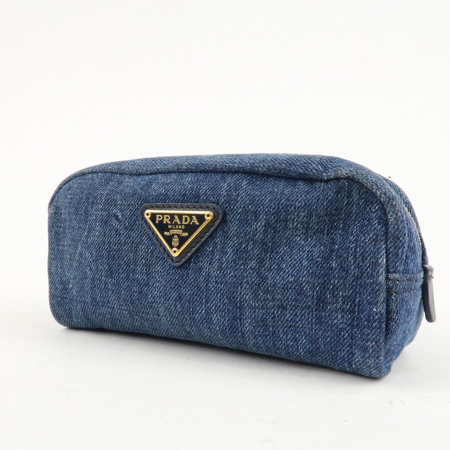 PRADA Triangle Logo Denim Pouch Cosmetic Pouch Blue  d
