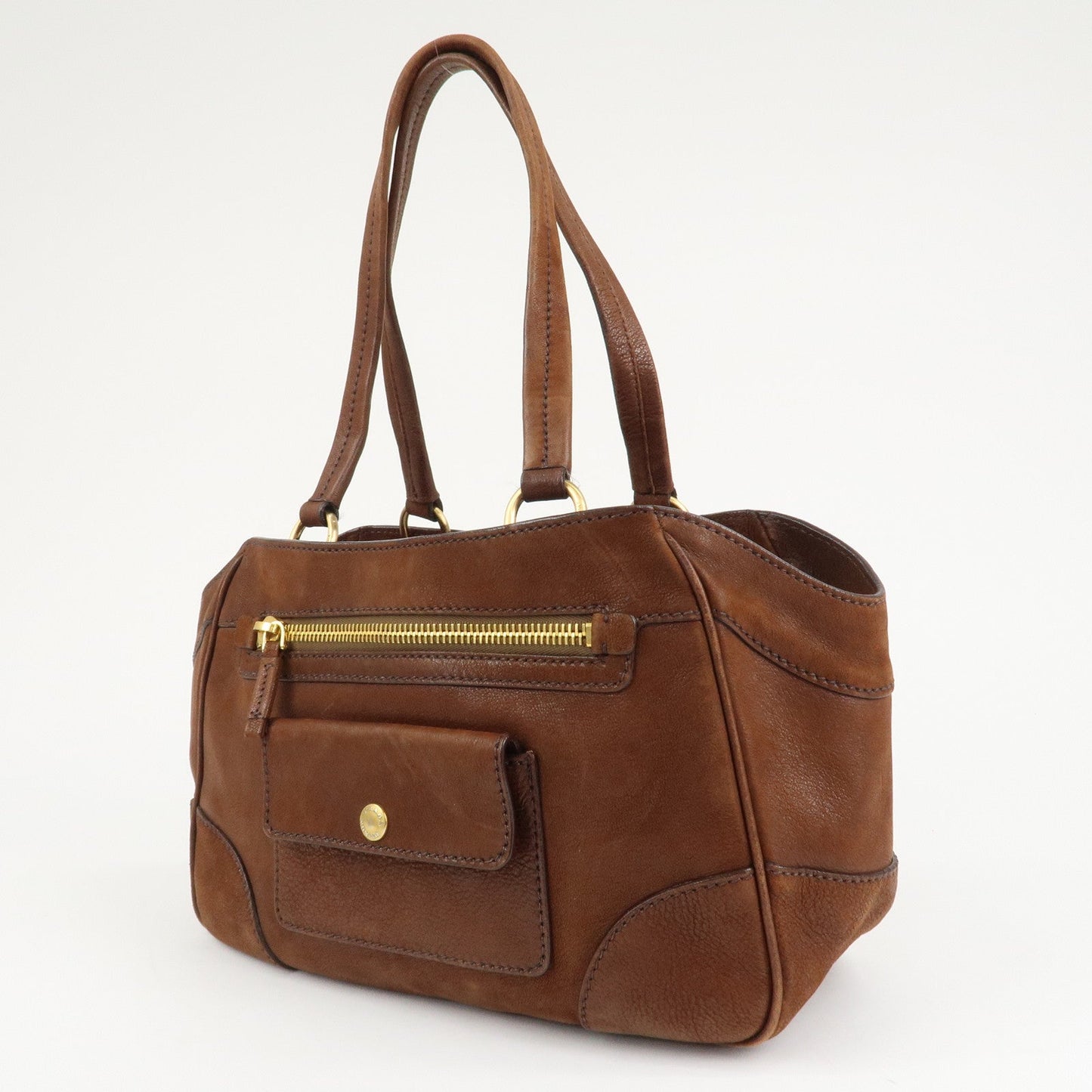 PRADA Triangle Logo Leather Tote Bag Brown Gold Hardware  d