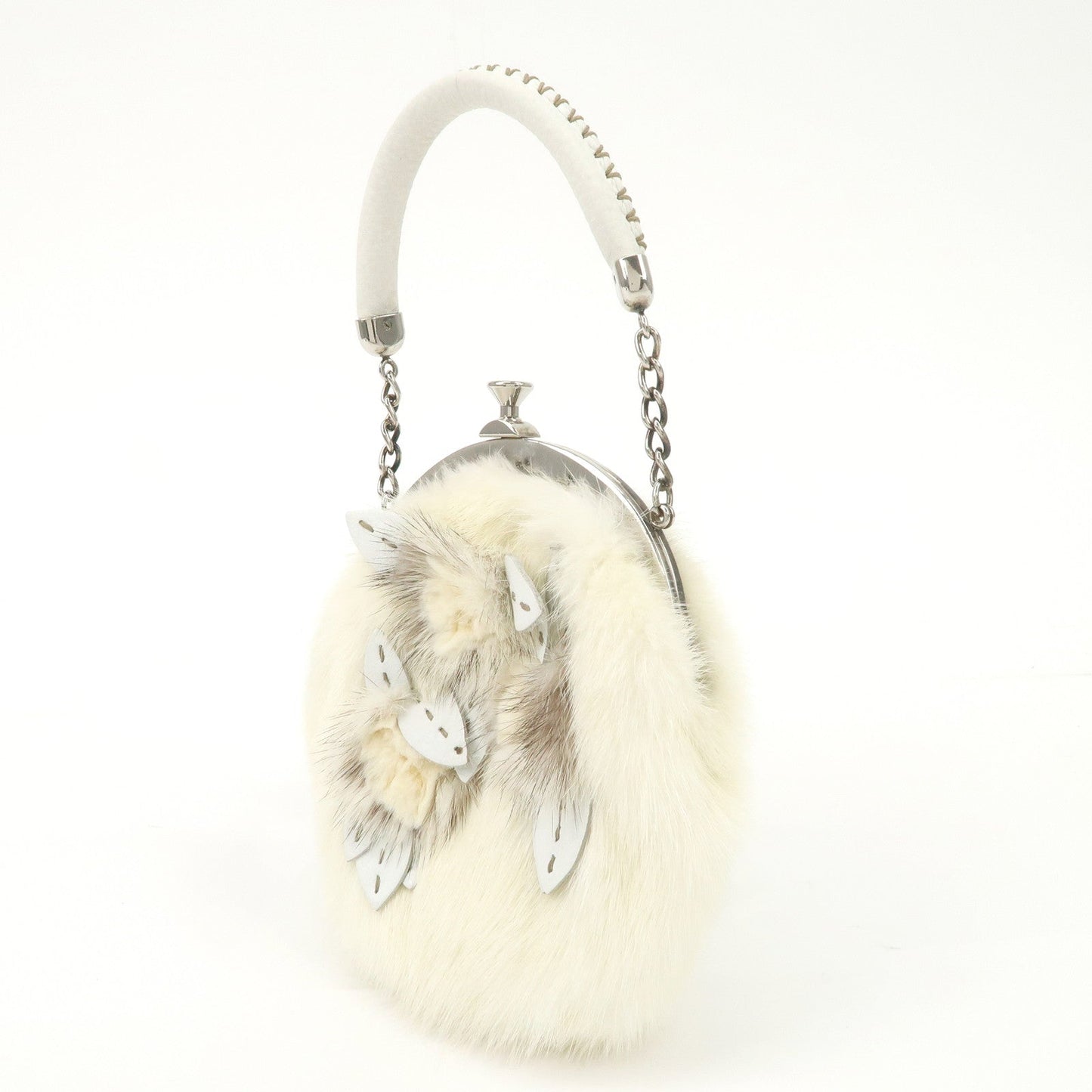 FENDI Seleria Leather Fur Flower Motif Kiss Lock Pouch Hand Bag 8BK048  d
