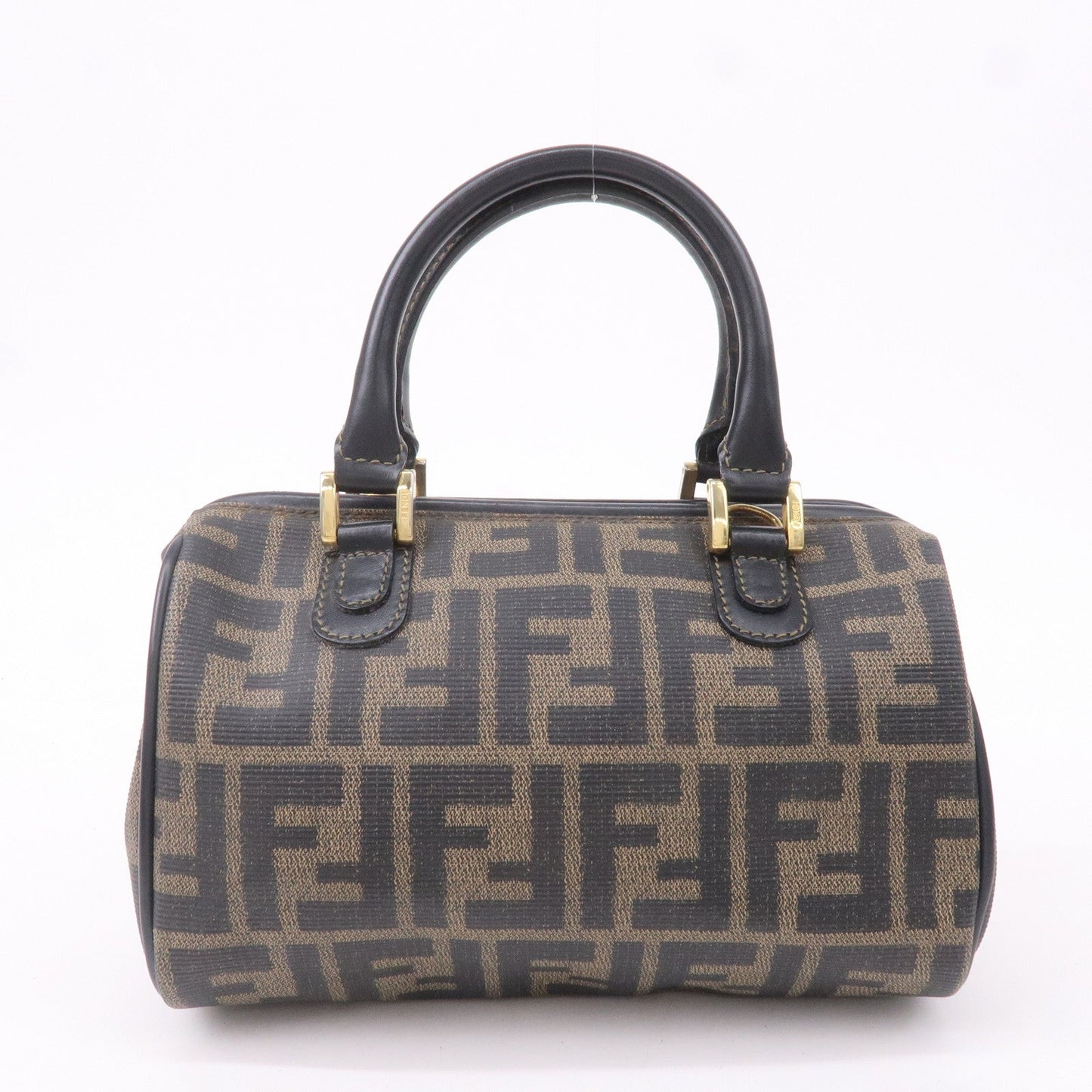 FENDI PVC Leather Boston Bag Hand Bag Khaki Black 45970