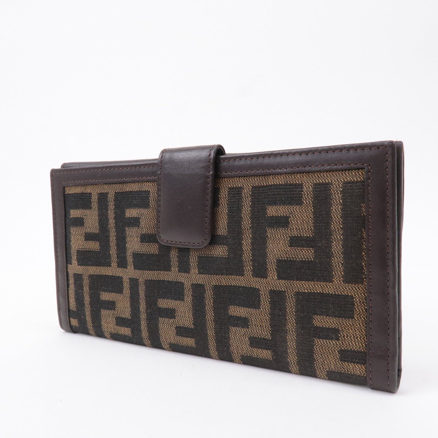 FENDI Zucca Canvas Leather W Hook Wallet Brown Black 51339