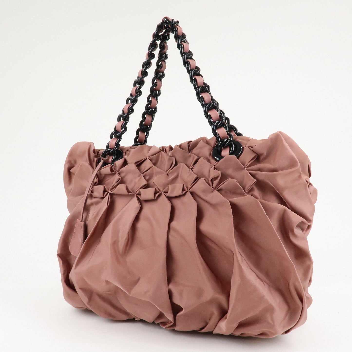 Prada Nylon Leather Gathered Chain Shoulder Tote Bag Pink Black  d
