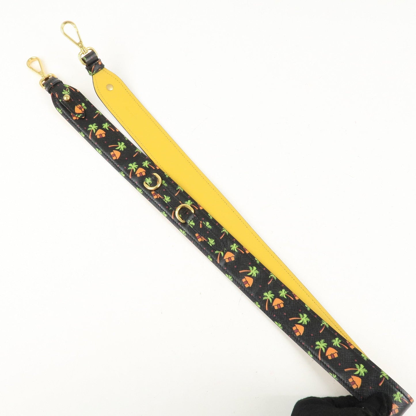 PRADA Leather Palmtree Pattern Shoulder Strap Black  d