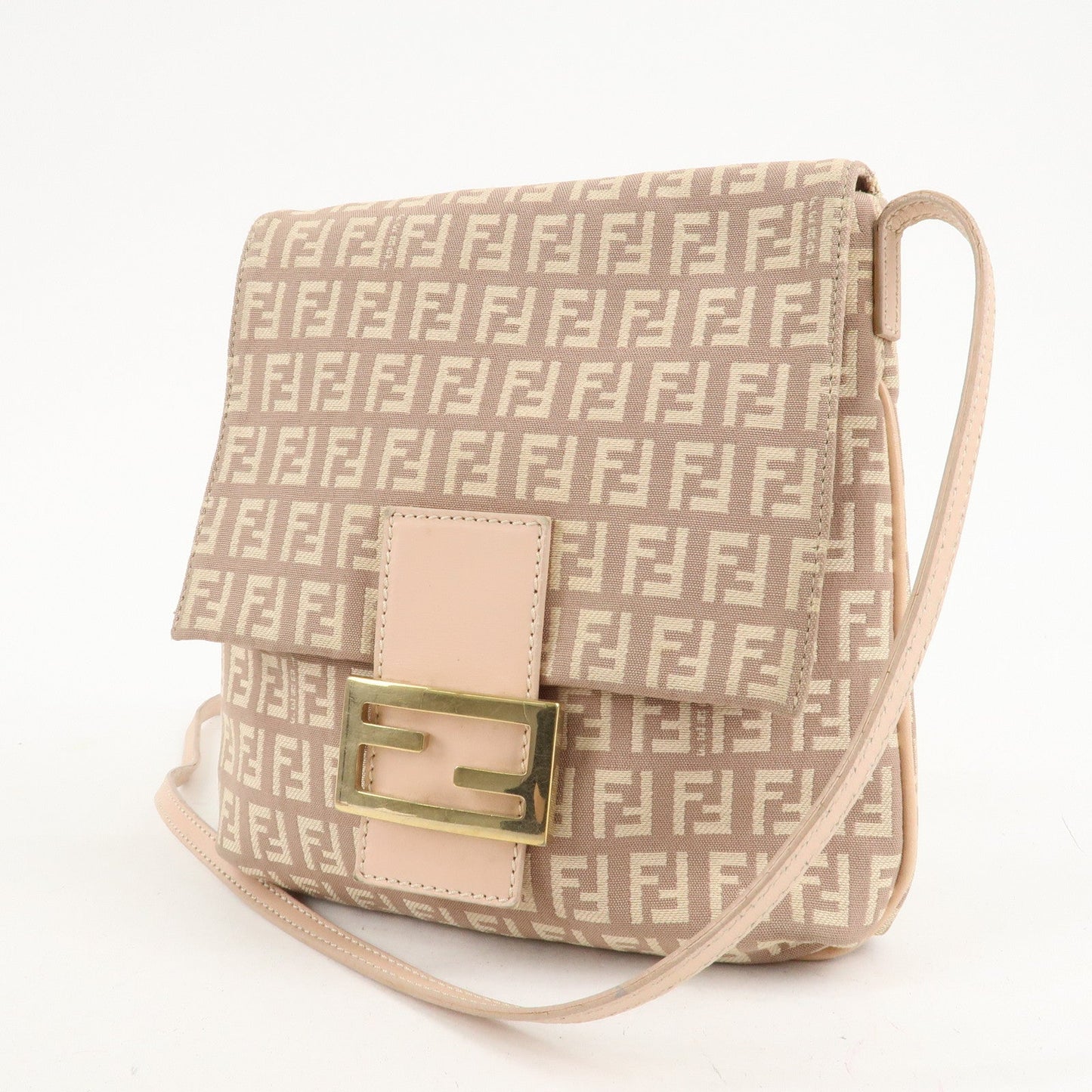 FENDI Zucchino Canvas Leather Shoulder Bag Pink Beige 8BT075  d