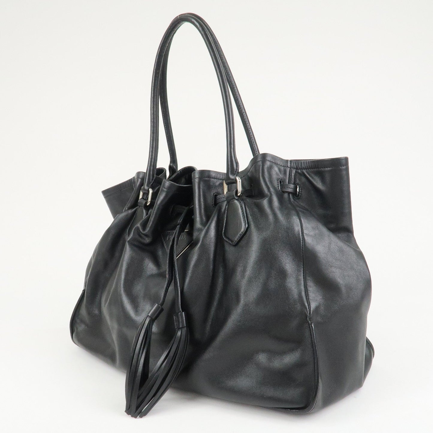 PRADA Triangle Logo Leather Tote Bag Black  d