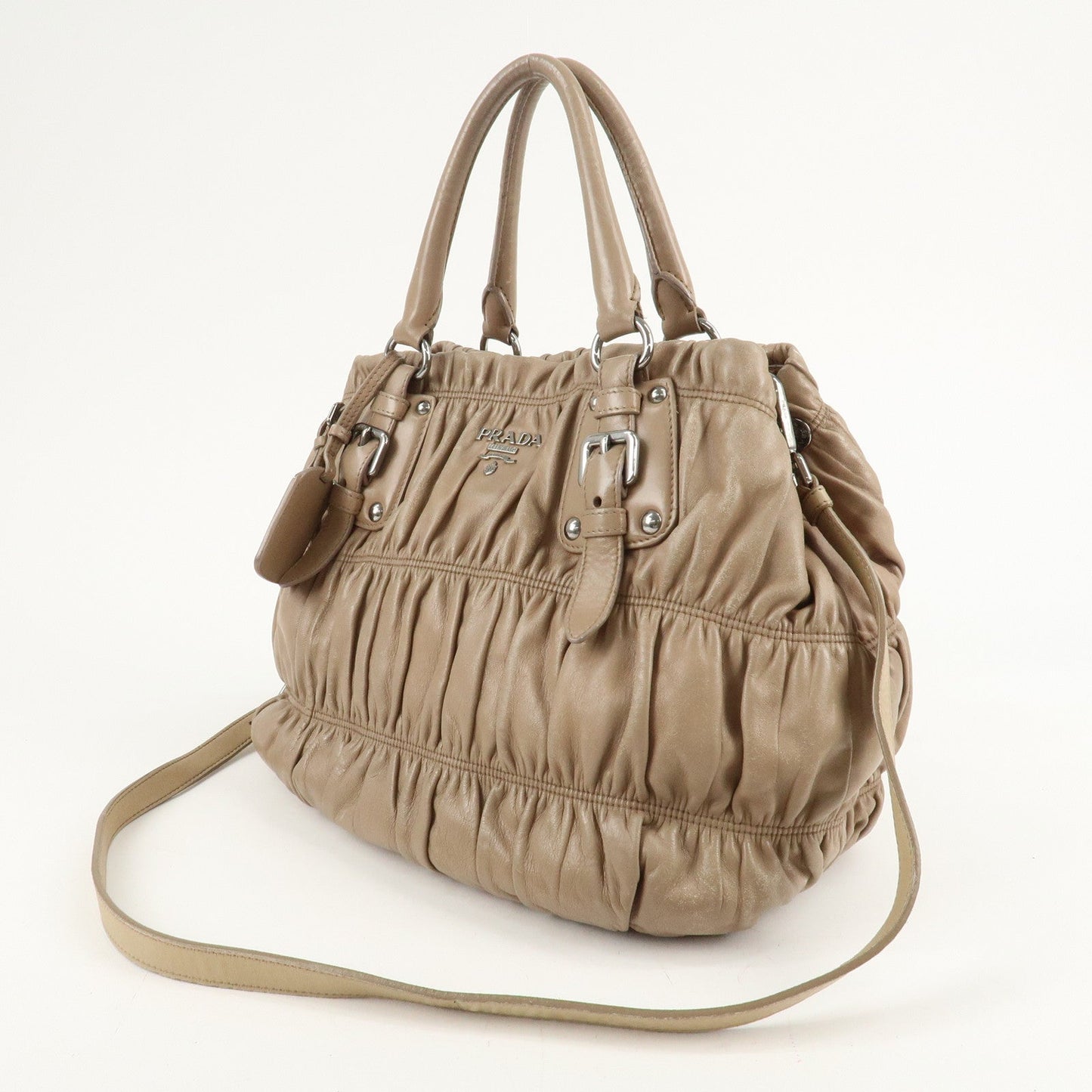 PRADA Leather 2Way Hand Bag Shoulder Bag Beige N1788  d
