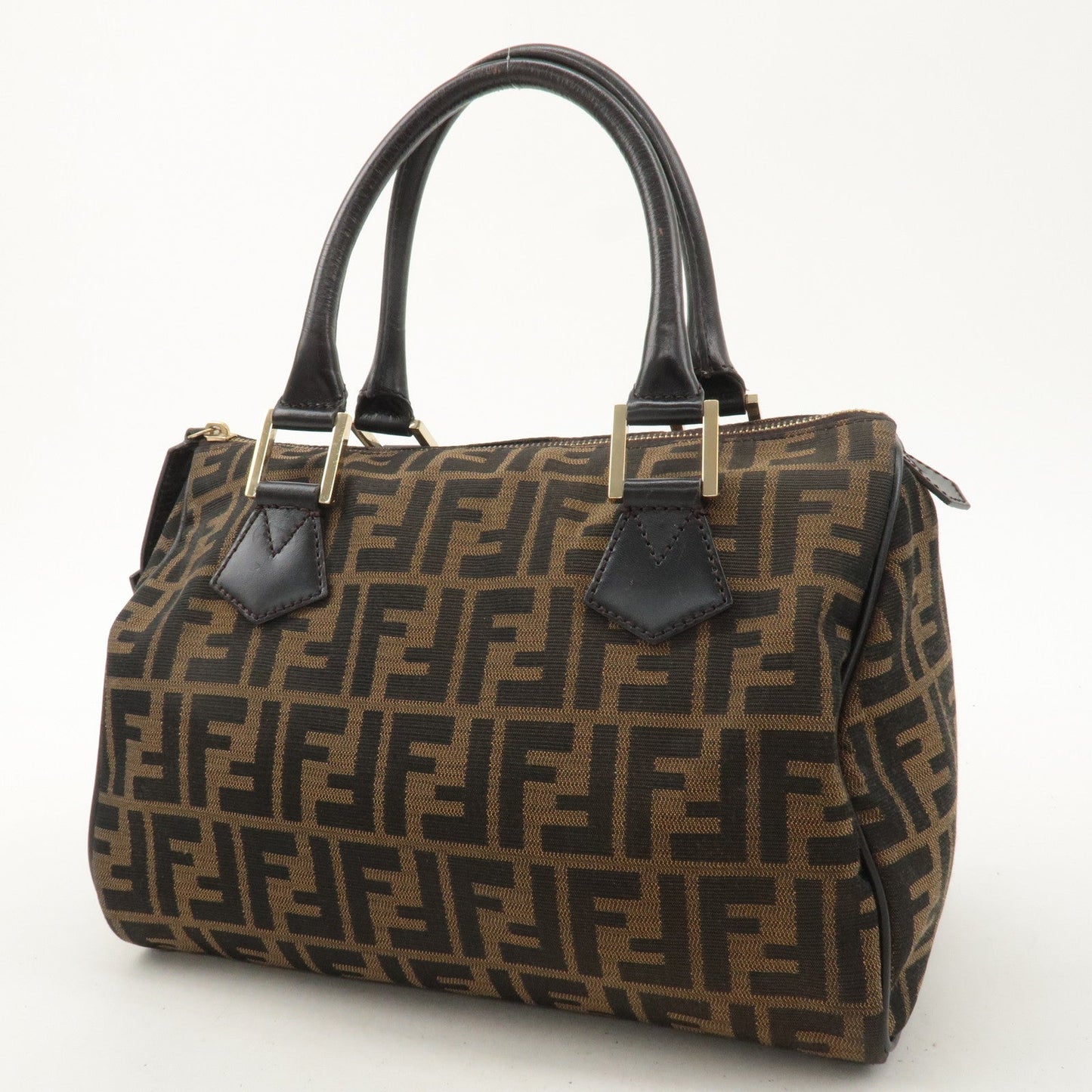 FENDI Zucca Canvas Leather Mini Boston Bag Black Brown