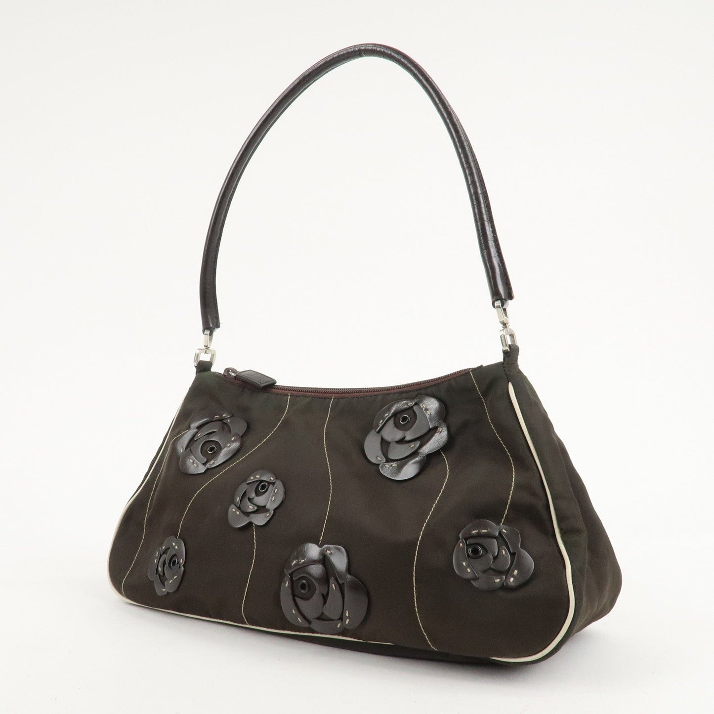 PRADA Nylon Leather Shoulder Bag Flower Motif Green Brown  d