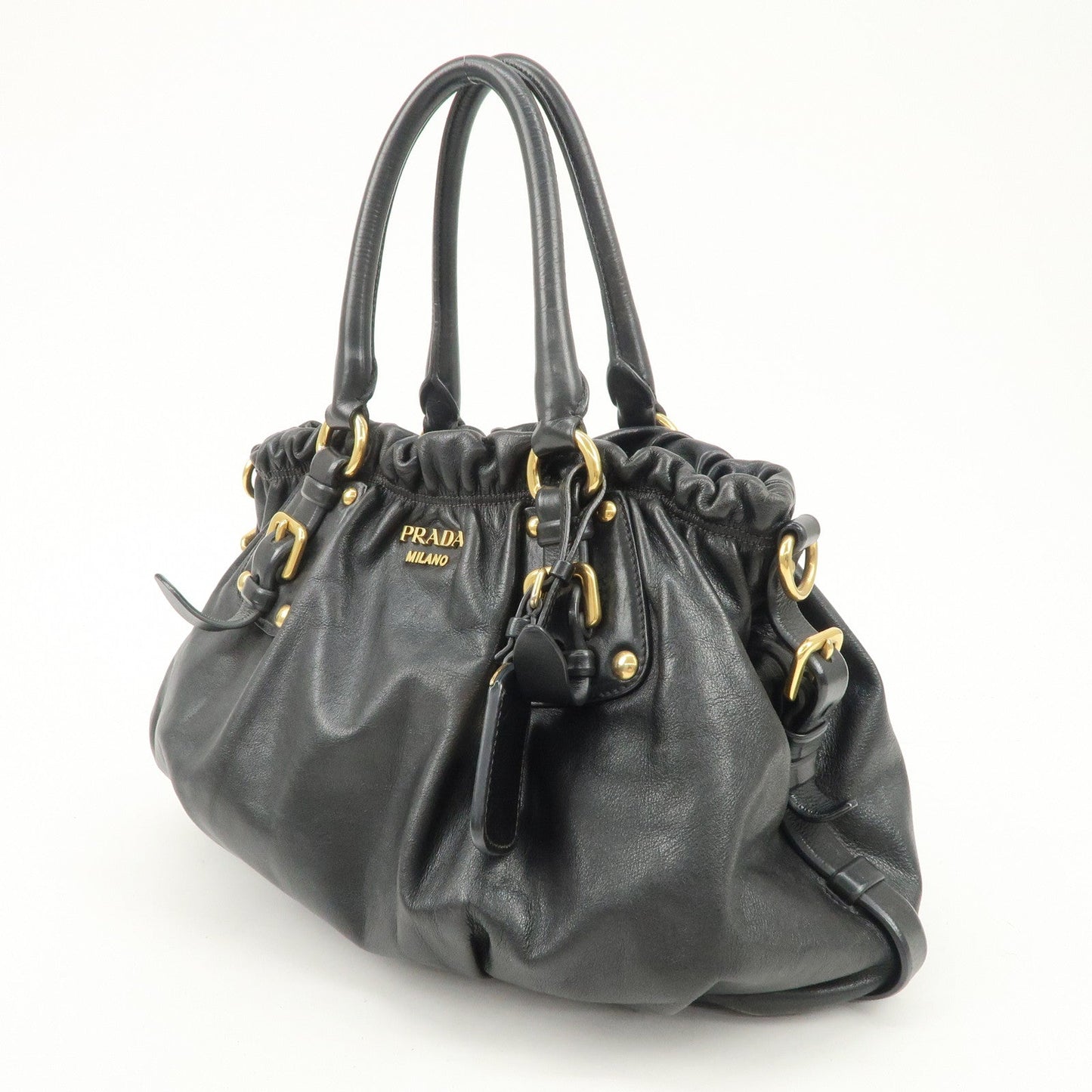 PRADA Logo Leather Gathered Hand Bag Black Gold HDW BR4259  d