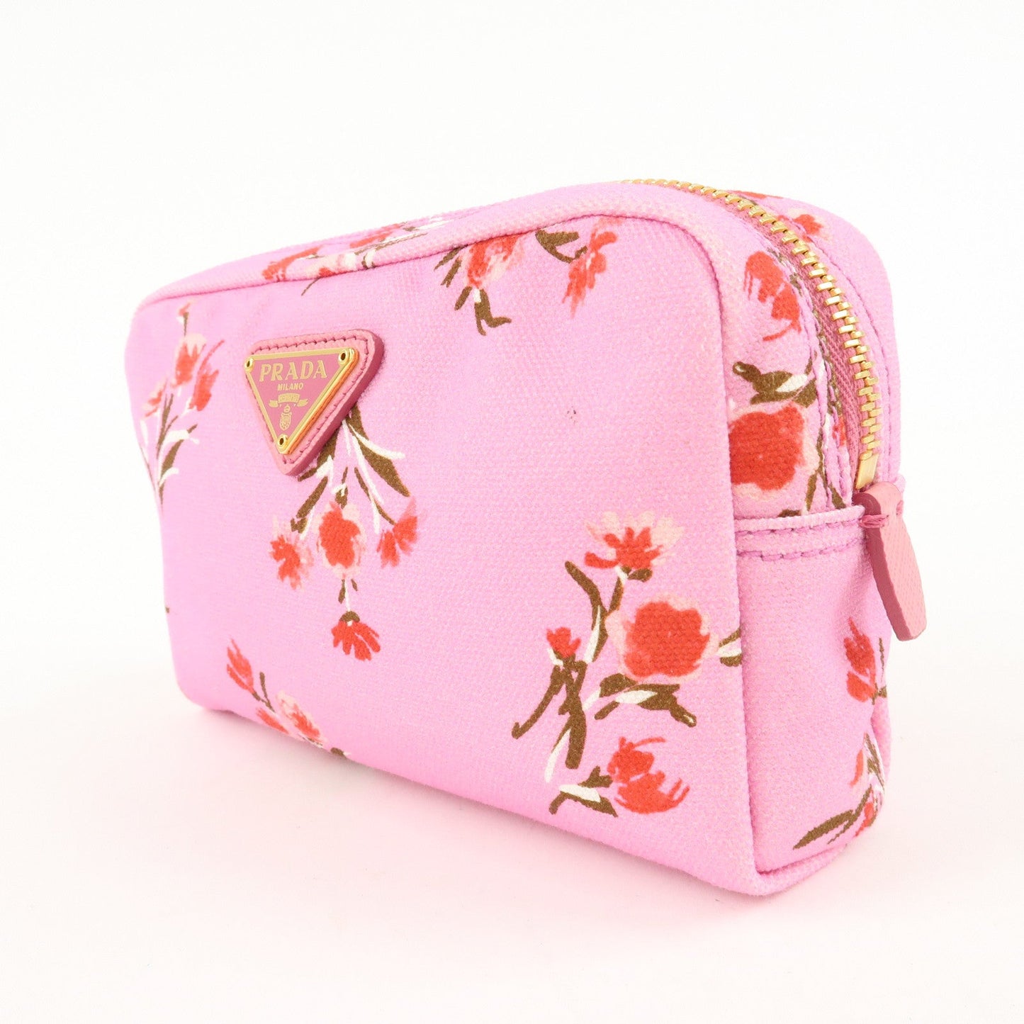 PRADA Canapa Canvas Leather Cosmetic Pouch Flower 1NA021 Pink  d