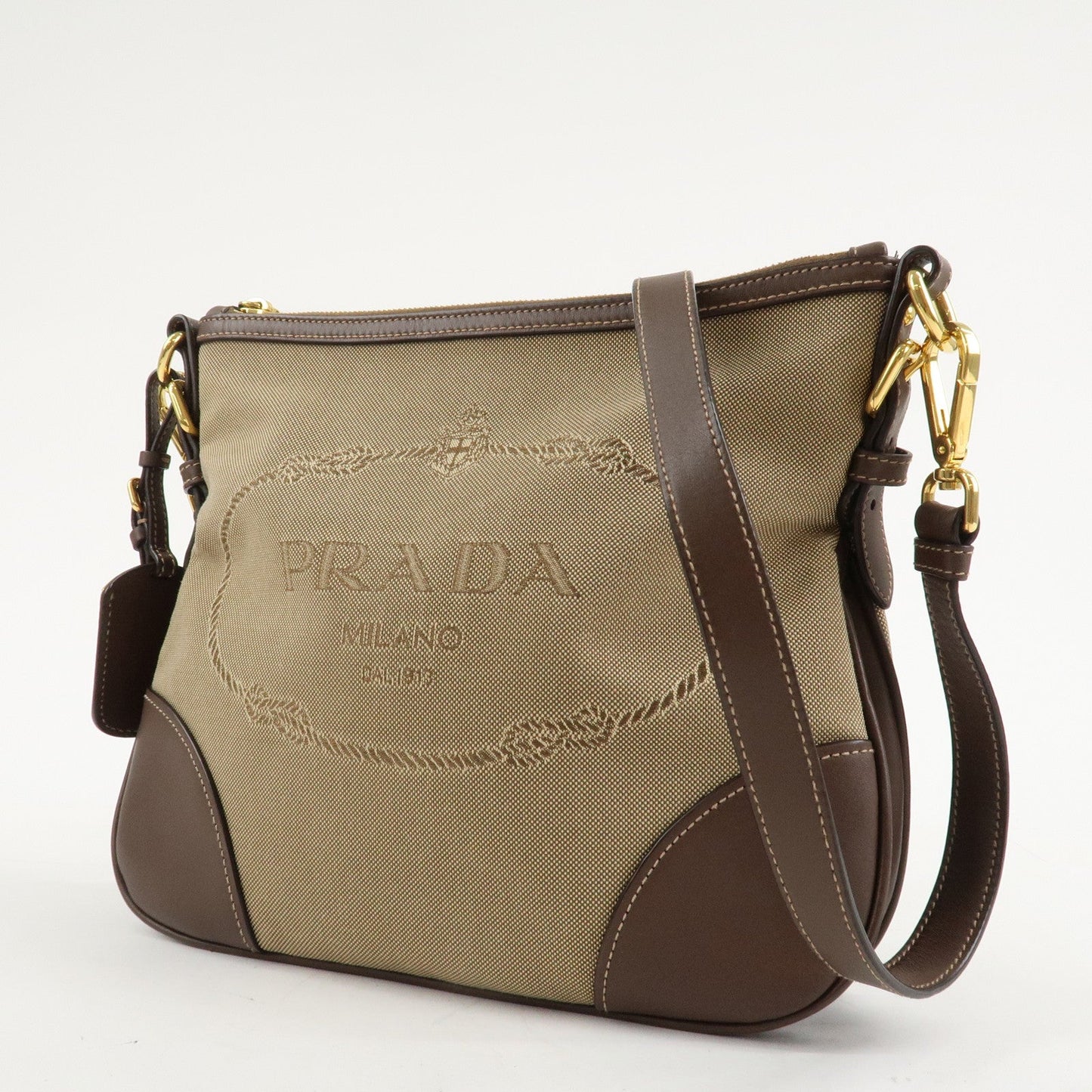 PRADA Jacquard Leather Shoulder Bag Purse Beige Brown BT867A  d