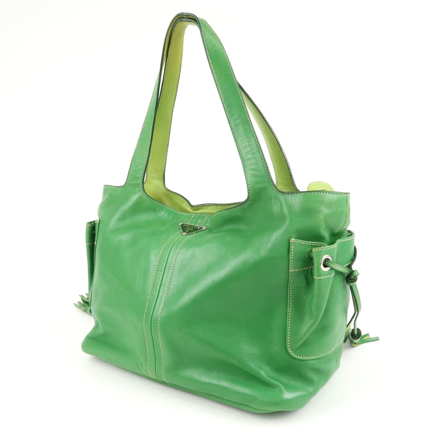 PRADA Logo Leather Tassel Shoulder Bag Hand Bag Green  d